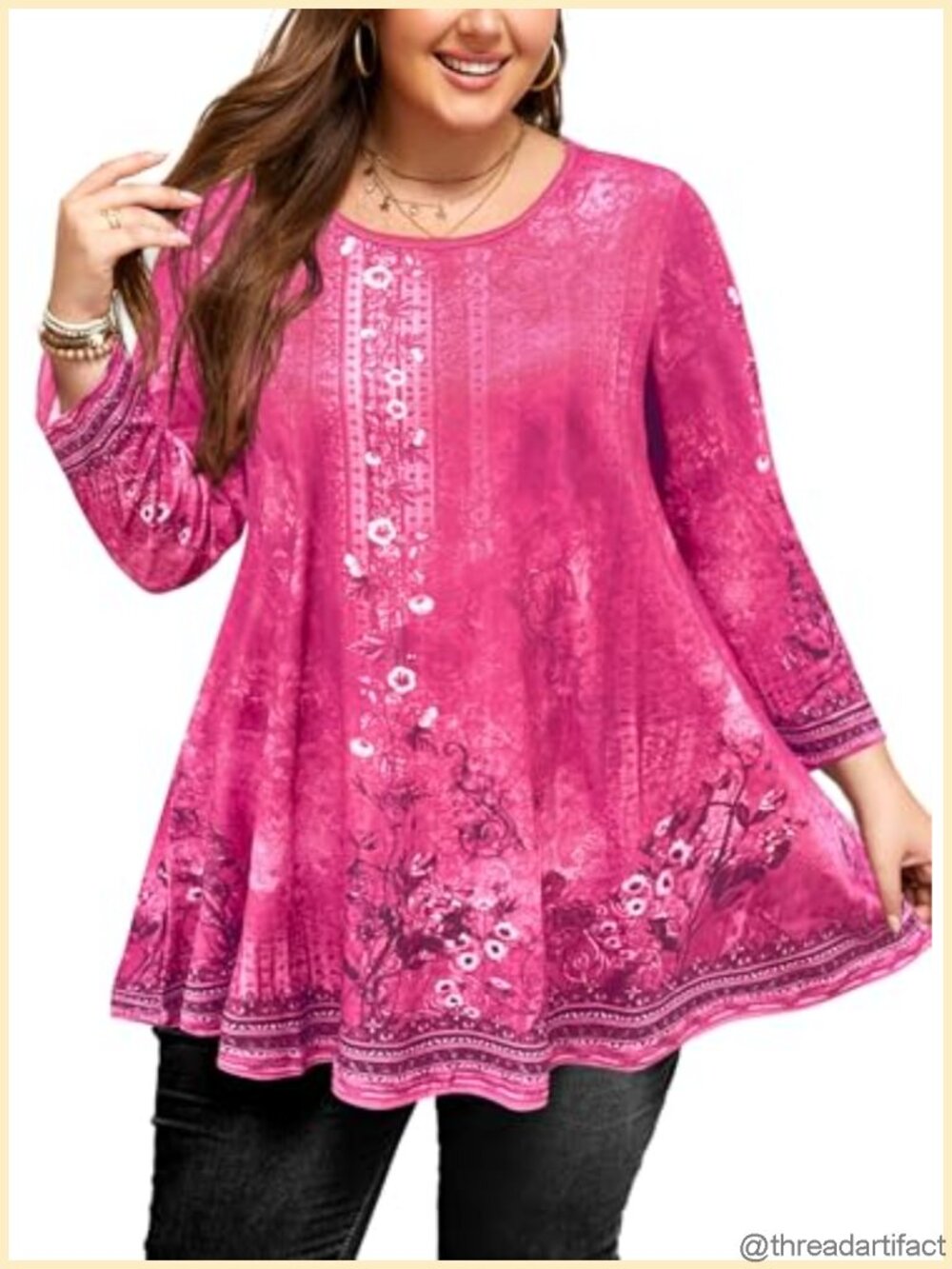Plus Size Tunic Top Swing Flowy 3/4 Sleeve Round Neck Rayon Spandex